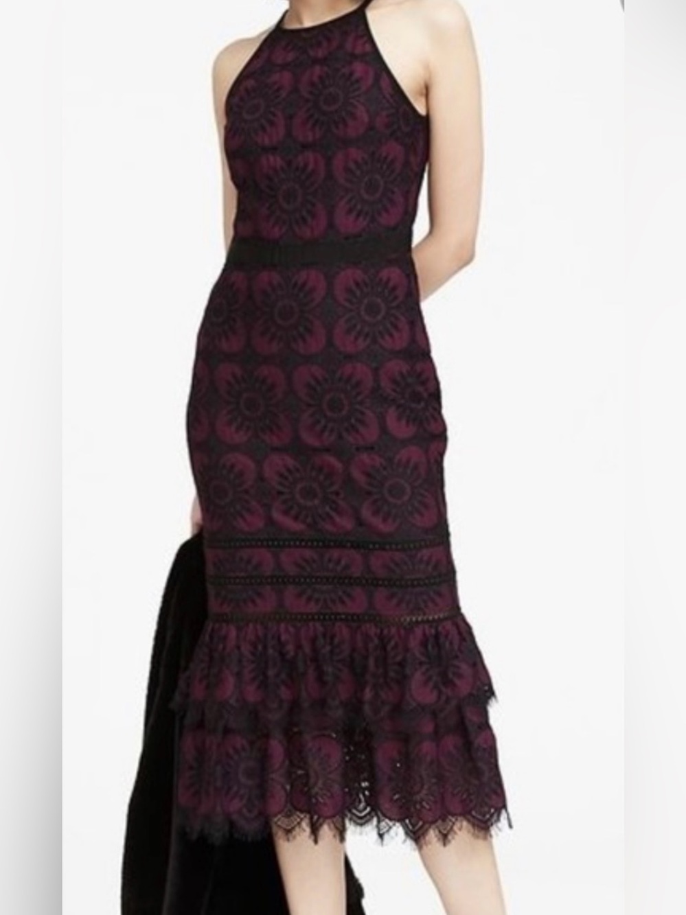 Banana Republic Black and Burgundy Lace Overlay Dress